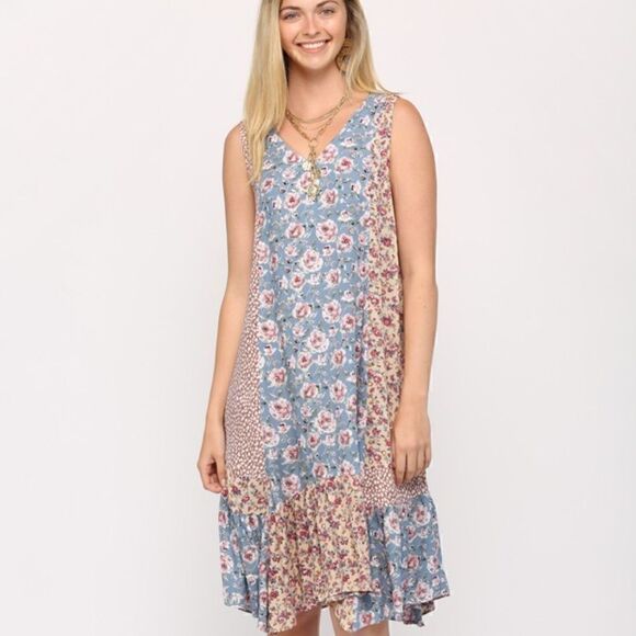 NWT! Floral Mixed Print Asymmetrical Sleeveless Dress With Neck Tie Boho Gypsy - Picture 1 of 7